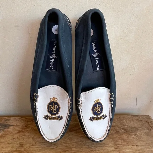 RALPH LAUREN POLO Vtg 80s Nautical Blue White Crest Loafer Deck Shoes 8.5AA Nice